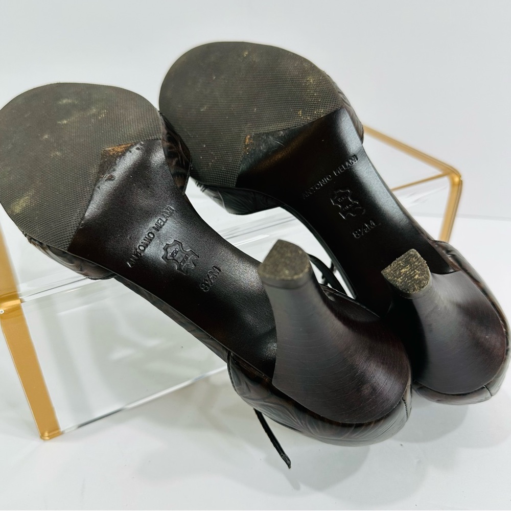 ANTONIO MELANI BROWN LEATHER EMBOSSED SIZE 8.5 GREAT COND 3” STRAPPY HEELS - Picture 8 of 9